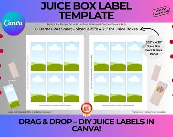 Juice Box Label Template | Fits 2.25” x 4.25” Boxes | Editable Canva Drag & Drop DIY Party Favor | Instant Download Printable Frame