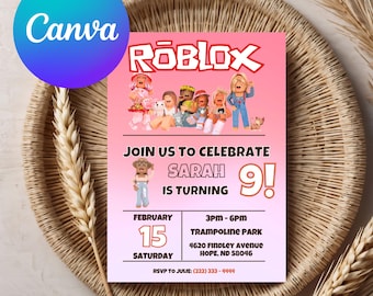 Roblox Birthday Party Invitation | Girl's Roblox Themed Birthday Party | Pink Editable Canva Template | Instant Download