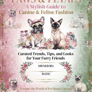 Puede incluir: Un póster titulado PAWS & PETALS A Stylish Guide to Canine & Feline Fashion con ilustraciones de bulldogs franceses y gatos siameses adornados con accesorios florales, lazos rosas y sombreros, sobre un fondo de damasco rosa y verde.