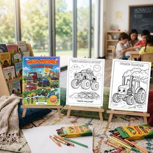 Puede incluir: Un libro para colorear titulado Mega Motores Coloring Book con vehículos de construcción coloridos, junto a dos páginas para colorear en blanco y negro tituladas Skiploaders in Action y Pulling Tractor, en caballetes de madera con crayones.