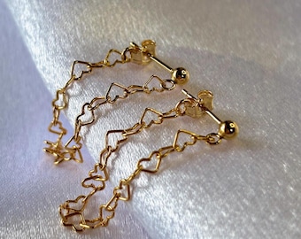 14K Gold Filled Heart Chain Earrings: Minimalist Dainty Studs