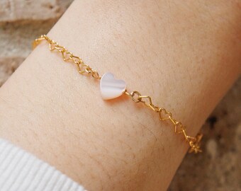 Gold Heart Pearl Bracelet: Mother of Pearl Charm, Dainty Jewelry