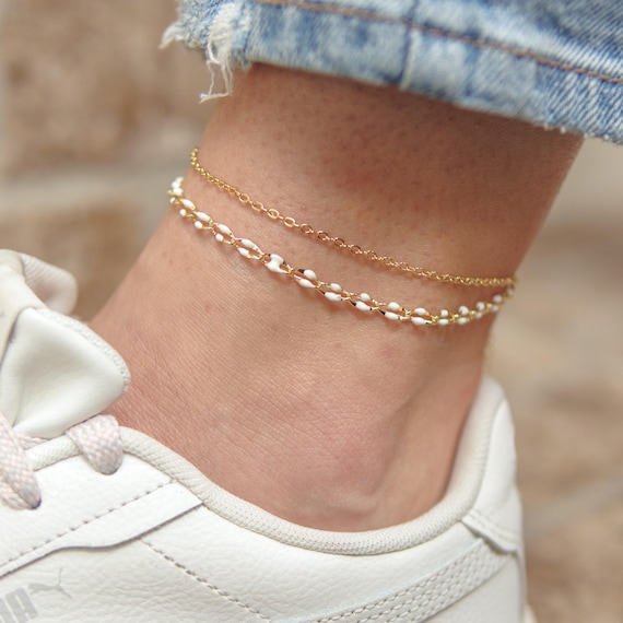 Double Chain Anklet – Gold White Dainty Layered Anklet
