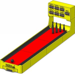 May include: A yellow skee-ball game with a red playing surface and black bumpers. The game has a row of black bowling pins at the end of the lane and a black ball at the beginning. The scoreboard displays player numbers and round information.