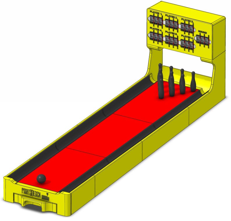 May include: A yellow skee-ball game with a red playing surface and black bumpers. The game has a row of black bowling pins at the end of the lane and a black ball at the beginning. The scoreboard displays player numbers and round information.