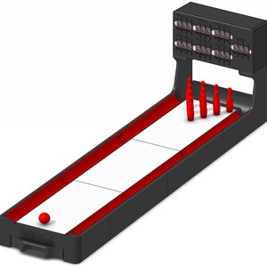 May include: A miniature skee-ball game with a black frame and a white playing surface. Red accents outline the lane and the ball. Red pins stand at the end of the lane, and a red ball rests at the start. The game has a scoreboard.