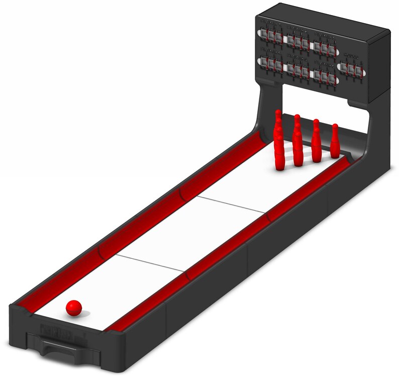 May include: A miniature skee-ball game with a black frame and a white playing surface. Red accents outline the lane and the ball. Red pins stand at the end of the lane, and a red ball rests at the start. The game has a scoreboard.