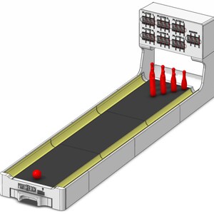 May include: A white tabletop skee-ball game with a black playing surface and yellow trim. Red bowling pins are set up at the end of the lane, with a red ball at the start. The game has a scoreboard for four players.