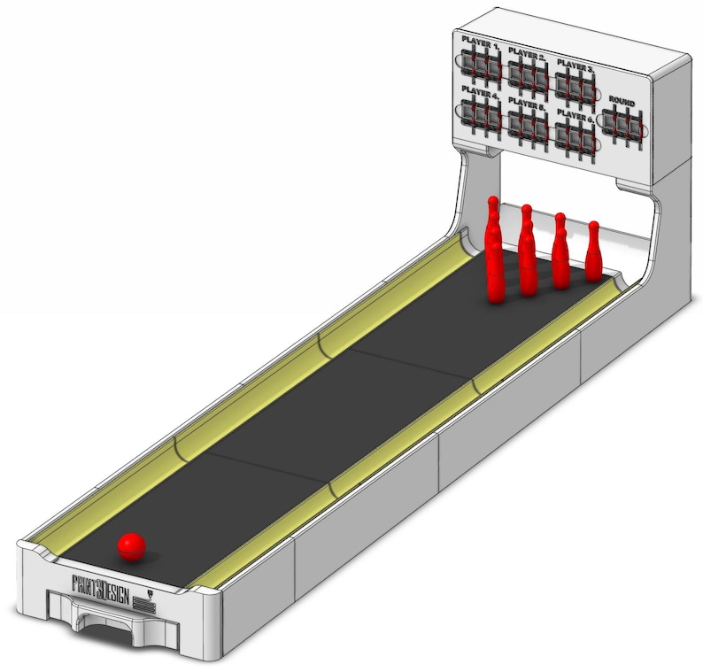May include: A white tabletop skee-ball game with a black playing surface and yellow trim. Red bowling pins are set up at the end of the lane, with a red ball at the start. The game has a scoreboard for four players.
