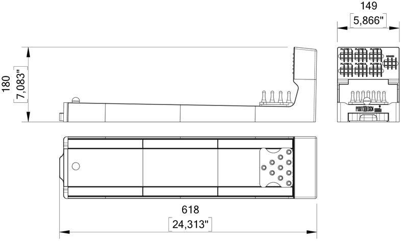May include: Technical drawing of a rectangular electronic component, with dimensions labeled in inches. The component is shown from multiple angles, including top, side, and end views. The overall length is 24.313 inches (618 mm), and the height is 7.083 inches (180 mm).