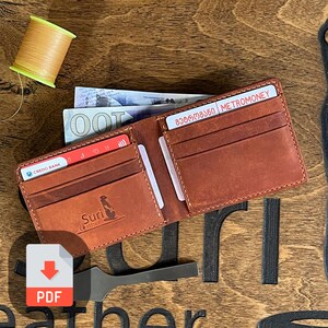 May include: A brown leather wallet with a stitched edge, open to reveal multiple card slots and a cash compartment. The wallet has the text "Suri Leather" embossed on the front. The wallet is lying on a wooden surface with a spool of thread and some cash visible in the background.