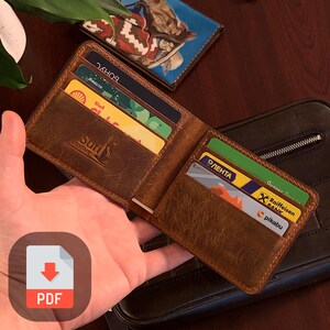 May include: A brown leather wallet with multiple card slots, open to reveal various credit cards and loyalty cards. The wallet has the text "Suri Leather" embossed on the front.