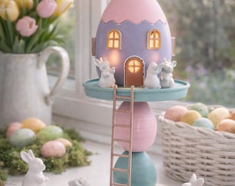 Handmade Easter Bunny Egg House Decor, Pastel Spring Village Display