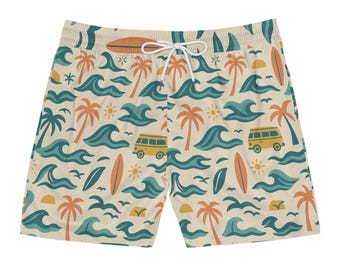 Tropical Wave Swim Shorts, Relaxed Beachwear, Summer Pool Shorts, Men&#39;s Surfing Swimwear, Vacation Board Shorts