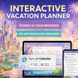 Könnte beinhalten: Illustration für einen interaktiven Urlaubsplaner. Ein Laptop und ein Smartphone zeigen die Planer-Oberfläche, vor dem Hintergrund eines Märchenschlosses, Feuerwerks und eines Riesenrads. Der Text lautet "Interaktiver Urlaubsplaner".