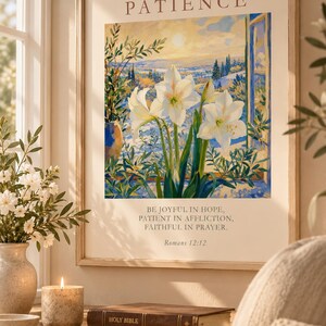 Décoration murale chrétienne Romains 12:12, Verset biblique sur la patience, Amaryllis blanche