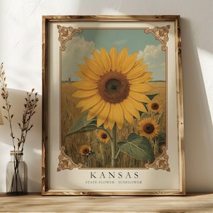 Impresión del mercado de flores de Kansas, arte mural con girasoles, póster botánico vintage, decoración floral del Medio Oeste, regalo de arte de granja campestre