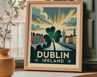 Póster de viaje de Dublín, póster de trébol, regalo vintage para el Día de San Patricio