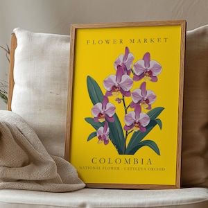 Colombia National Flower Market Poster, Cattleya Orchid Wall Art,  Botanical Floral Print, Bold Latin American Decor