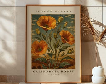 California Poppy Wall Art, Flower Market Print, California State Flower Print, Rustic Nature Decor, Vintage Botanical Wildflower Art