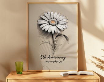 5th Anniversary Daisy Print – Wood Wedding Anniversary Gift, Personalized Floral Wall Art for 5 Year Marriage Milestone