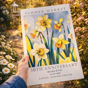 Personalized aluminum anniversary print featuring daffodils, created as a tin anniversary gift for a couple celebrating their 10 year wedding anniversary