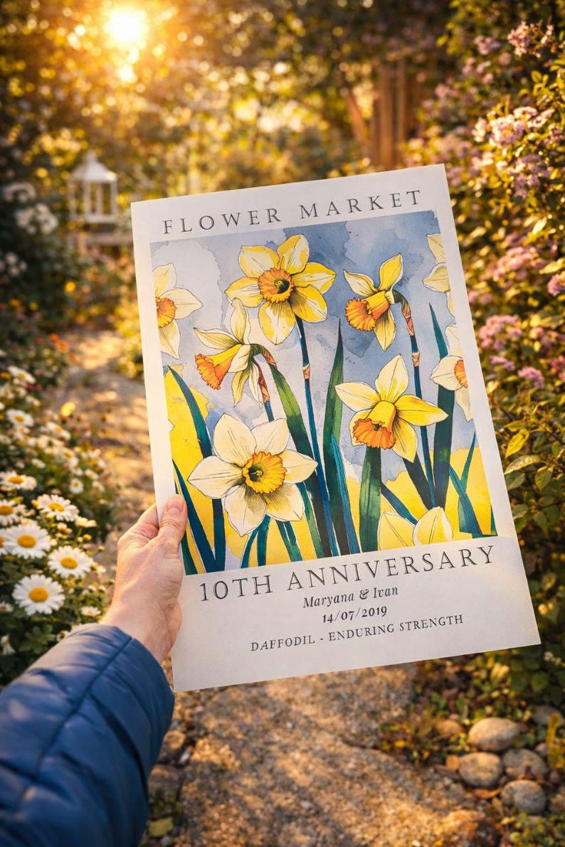 Personalized aluminum anniversary print featuring daffodils, created as a tin anniversary gift for a couple celebrating their 10 year wedding anniversary