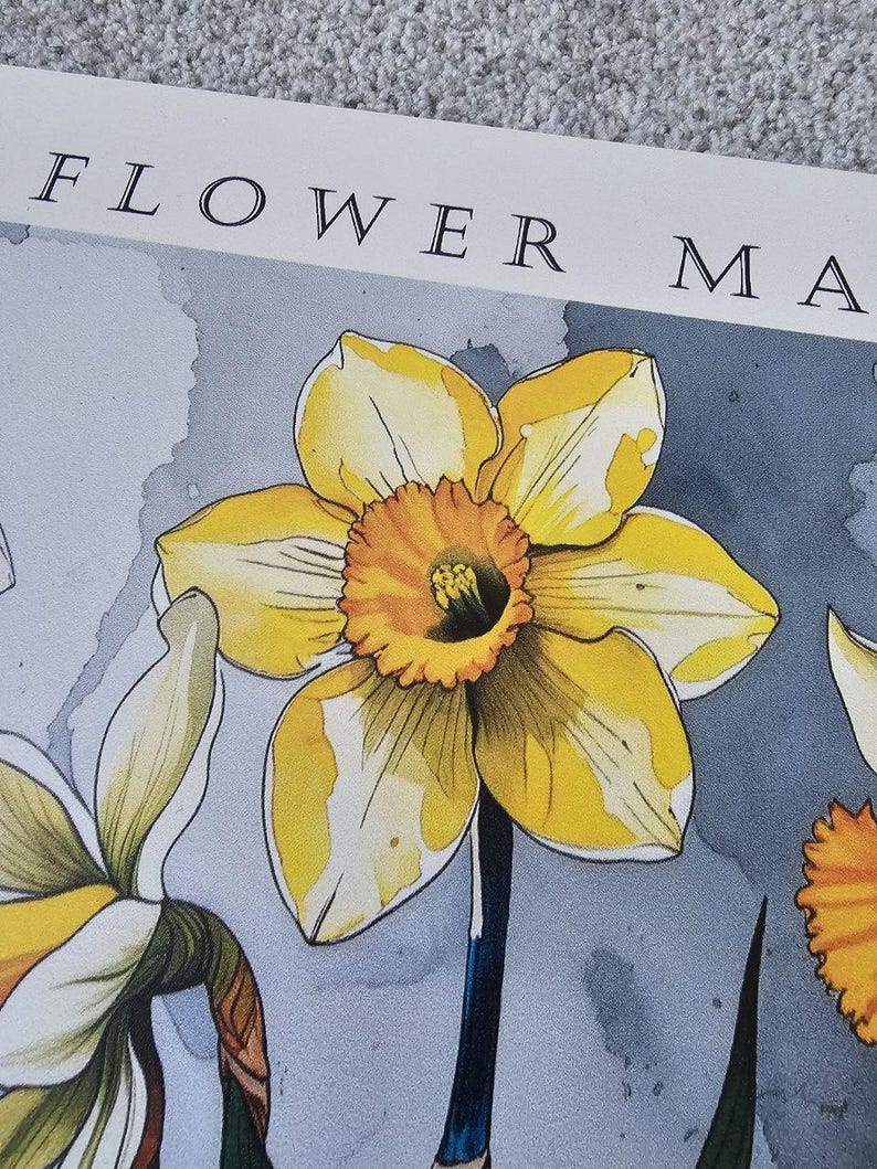 Personalized aluminum anniversary print featuring daffodils, created as a tin anniversary gift for a couple celebrating their 10 year wedding anniversary