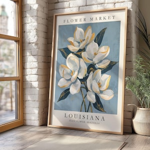 Louisiana Flower Market poster featuring the state flower Magnolia, elegant white blossoms with golden highlights and deep green leaves against a soft blue textured background in vintage botanical art style.