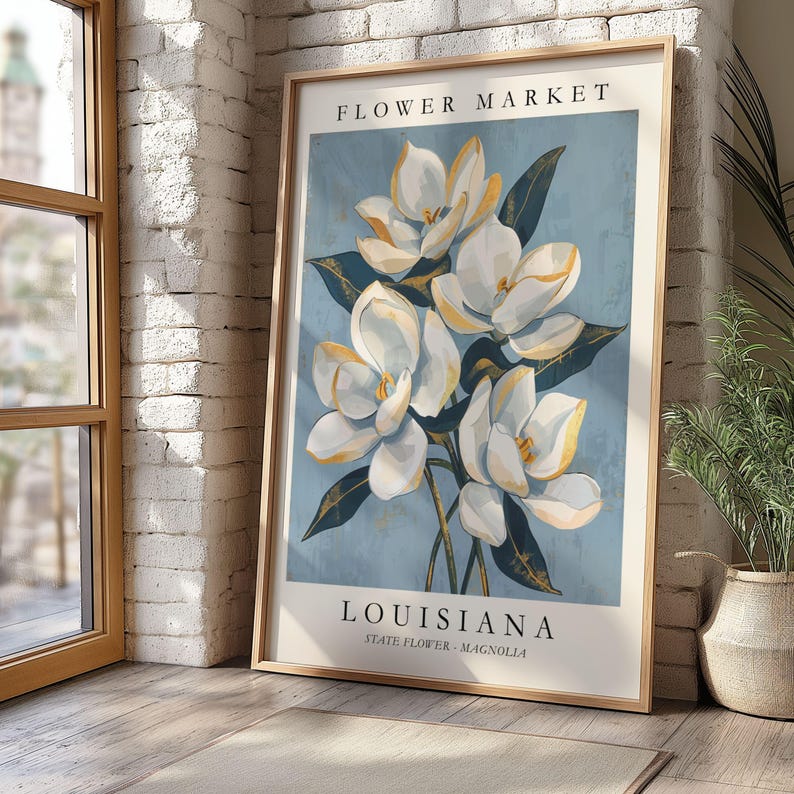 Louisiana Flower Market poster featuring the state flower Magnolia, elegant white blossoms with golden highlights and deep green leaves against a soft blue textured background in vintage botanical art style.