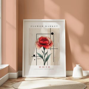 Póster de clavel escarlata de Ohio, impresión del mercado de flores del estado de Ohio, arte mural botánico moderno, decoración floral para el hogar inspirada en la Bauhaus