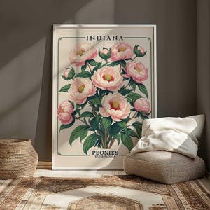 Póster de la flor del estado de Indiana, arte mural de peonías, ilustración botánica vintage, estampado floral rosa suave, decoración de jardín del Medio Oeste