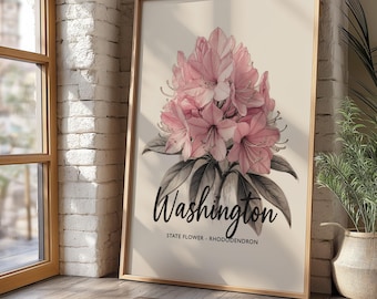 Washington Rhododendron Flower Market Print, Vintage Botanical Travel Poster