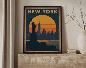 Arte mural de Nueva York, póster de Nueva York, póster de viaje retro con la Estatua de la Libertad y el Empire State Building, decoración del horizonte de Nueva York