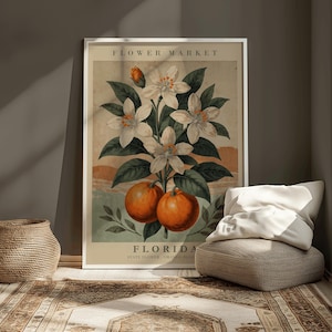 Stampa floreale dello Stato della Florida, poster di fiori d'arancio, stampa botanica vintage, arte murale del mercato ortofrutticolo, opera d'arte del mercato dei fiori della Florida, arte degli agrumi