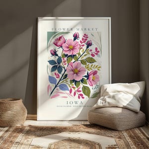 Wild Prairie Rose, Custom State Flower Poster (Iowa, North Dakota) Flower Market Print, Personalized State Title, Vintage Botanical Wall Art