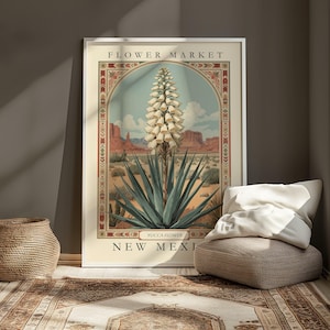 A vintage-style botanical illustration of the New Mexico state flower, the Yucca, framed with folk-art-inspired borders and set against a southwestern desert landscape under blue sky and red mesas.