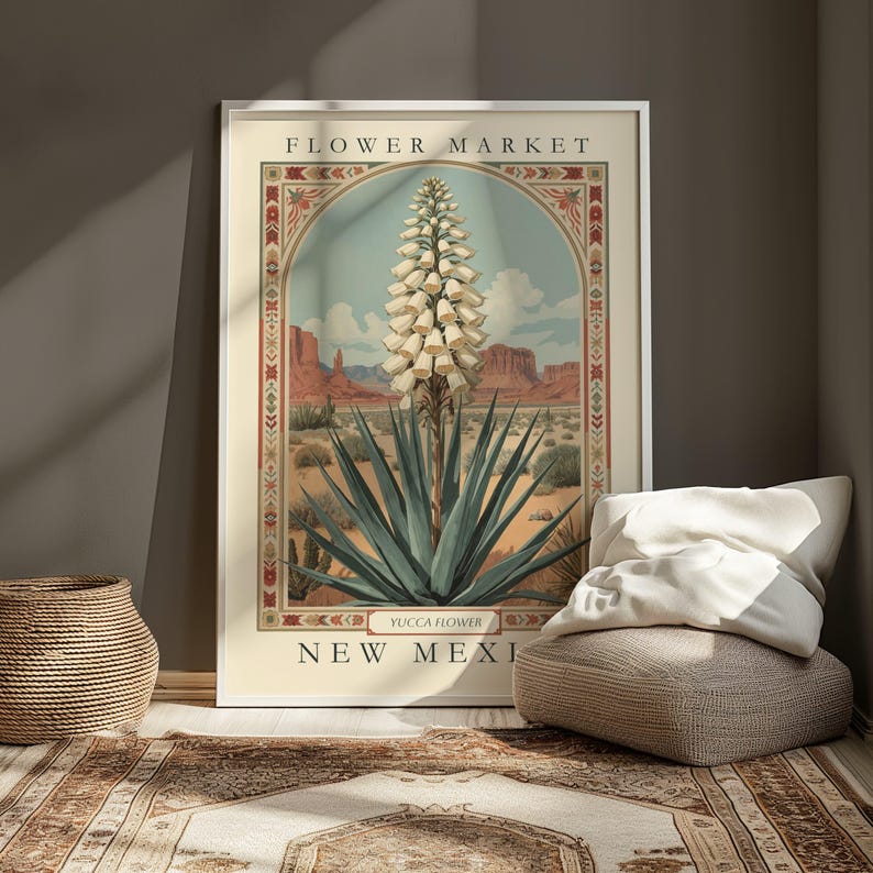 A vintage-style botanical illustration of the New Mexico state flower, the Yucca, framed with folk-art-inspired borders and set against a southwestern desert landscape under blue sky and red mesas.