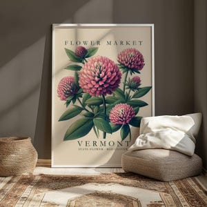 Póster de la flor del estado de Vermont, lámina de trébol rojo, lámina vintage de un mercado de flores botánicas, arte floral para pared, decoración del hogar inspirada en la naturaleza