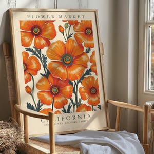 California Flower Market Print, California Poppy Poster, State Botanical Poster, Wildflower Wall Art, Modern Wildflower Decor, Poppy Artwork