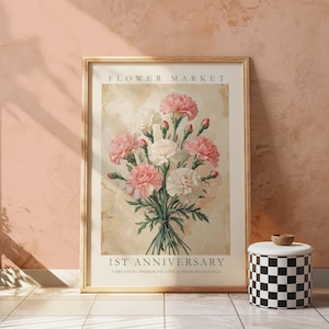 Póster personalizado de regalo de primer aniversario, regalo de aniversario en papel para esposa, impresión simbólica de clavel - Regalo de primer aniversario para pareja