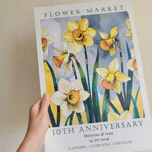 Personalized aluminum anniversary print featuring daffodils, created as a tin anniversary gift for a couple celebrating their 10 year wedding anniversary