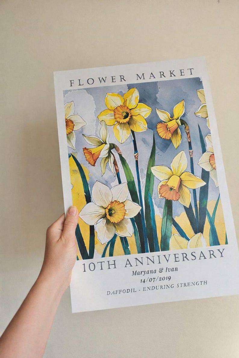 Personalized aluminum anniversary print featuring daffodils, created as a tin anniversary gift for a couple celebrating their 10 year wedding anniversary