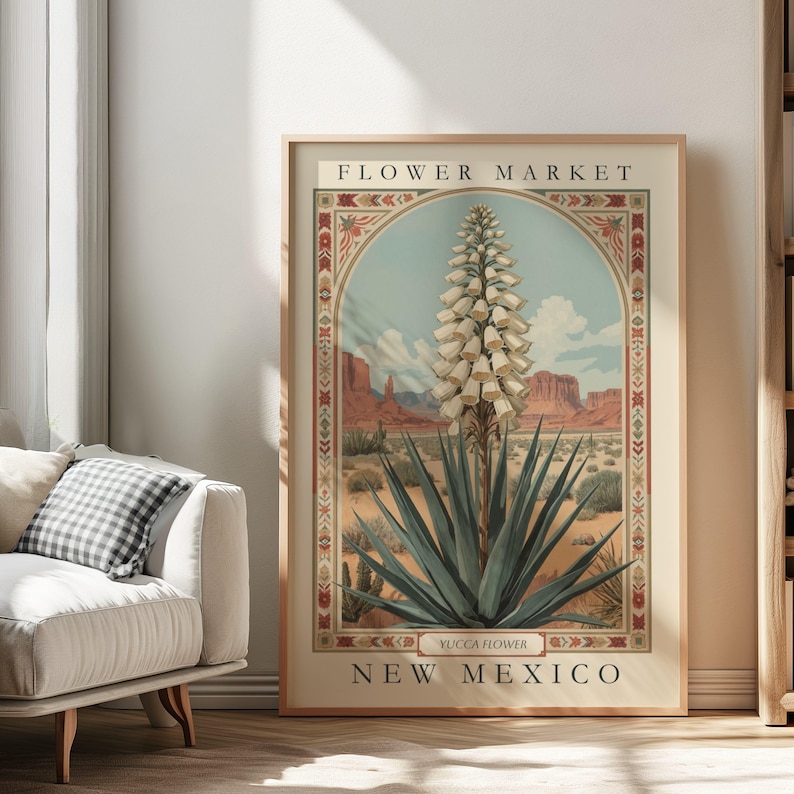 A vintage-style botanical illustration of the New Mexico state flower, the Yucca, framed with folk-art-inspired borders and set against a southwestern desert landscape under blue sky and red mesas.