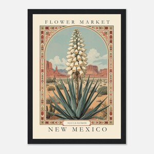 A vintage-style botanical illustration of the New Mexico state flower, the Yucca, framed with folk-art-inspired borders and set against a southwestern desert landscape under blue sky and red mesas.