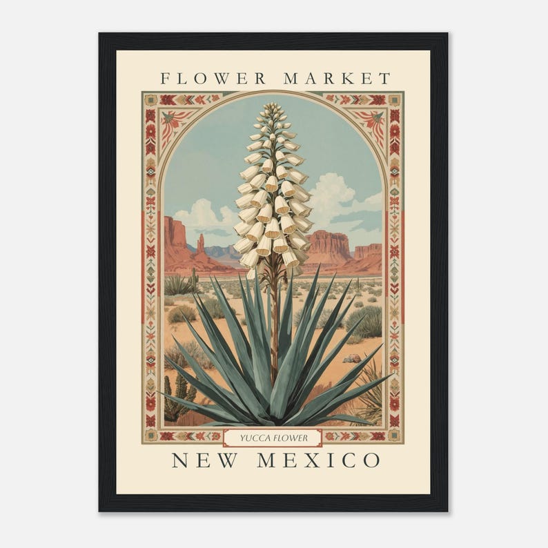 A vintage-style botanical illustration of the New Mexico state flower, the Yucca, framed with folk-art-inspired borders and set against a southwestern desert landscape under blue sky and red mesas.