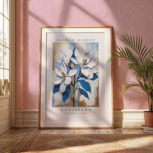 Impresión de flores del estado de Luisiana, arte mural de magnolia en flor, póster botánico sureño, estilo vintage de mercado de flores, arte de magnolia blanca y azul