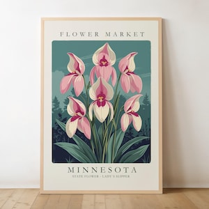 Minnesota Flower Market Print, Pink and White Lady’s Slipper Poster, Vintage-Inspired State Wall Art, Minnesota Wildflower Neutral Artwork