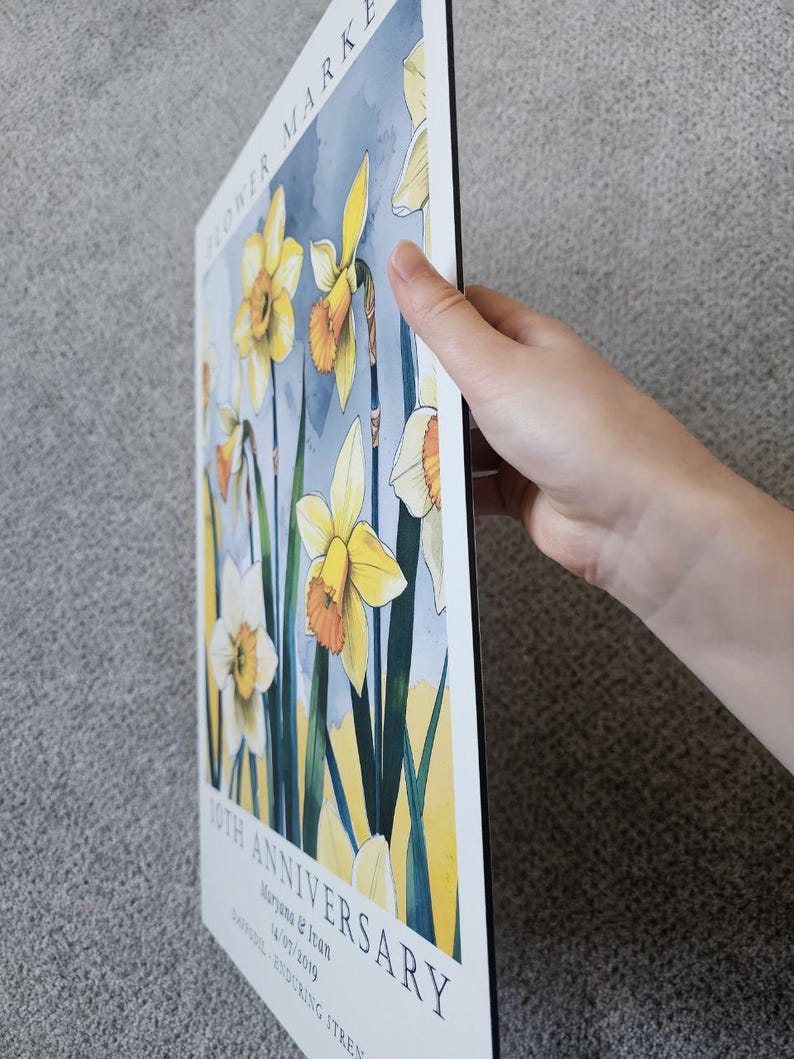 Personalized aluminum anniversary print featuring daffodils, created as a tin anniversary gift for a couple celebrating their 10 year wedding anniversary