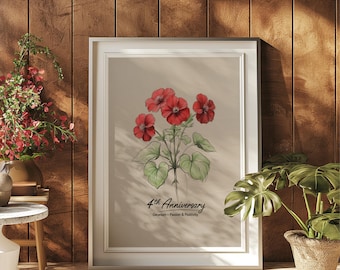 4th Anniversary Geranium Print – Linen Wedding Anniversary Gift, Personalized Floral Wall Art for 4 Year Marriage Milestone